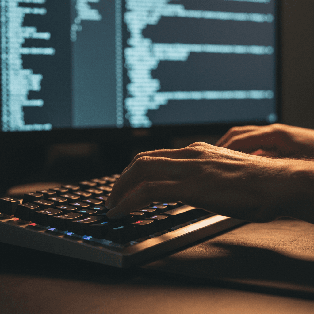 Developer typing on a mechanical keyboard in a dimly lit home office