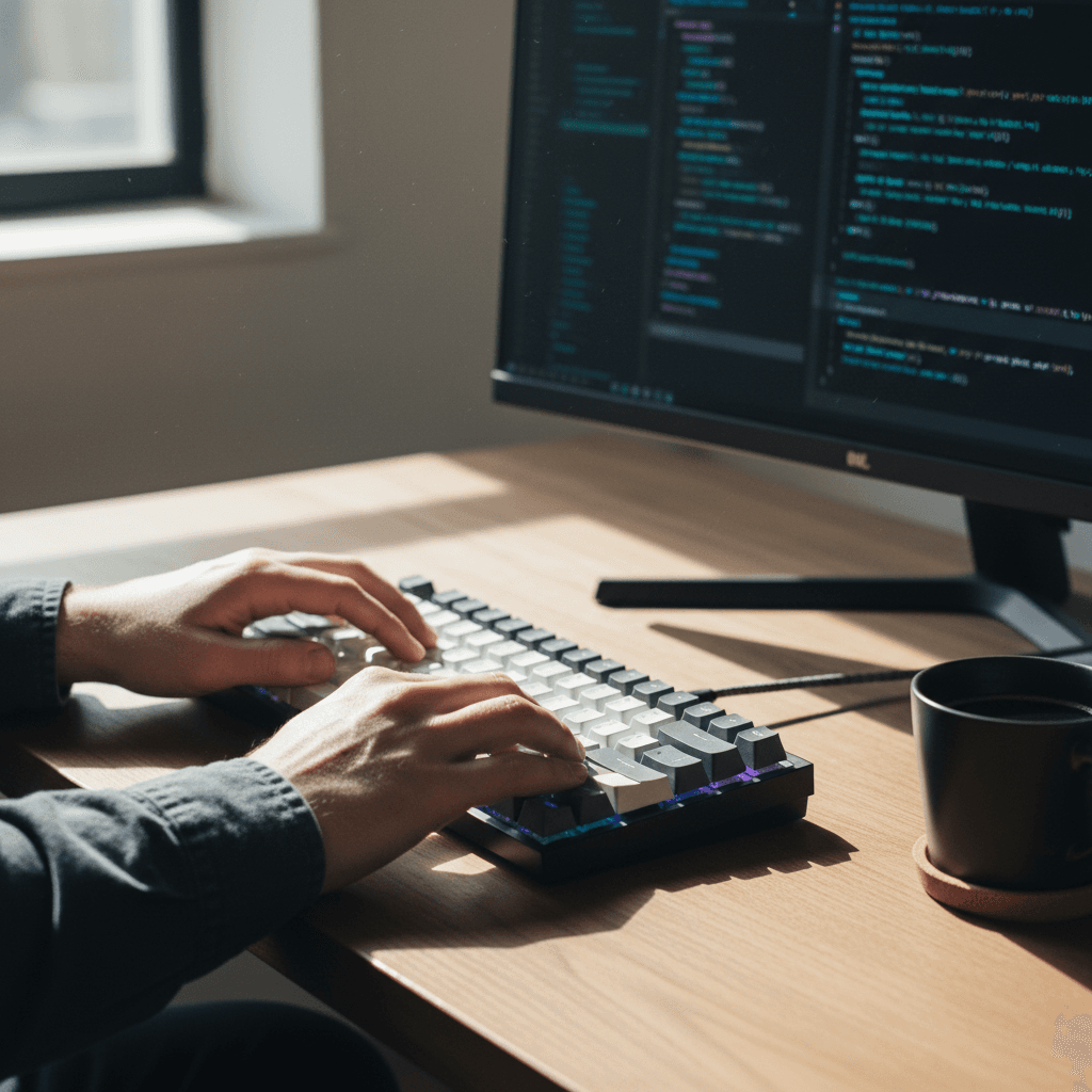 Developer typing on keyboard with code on screen