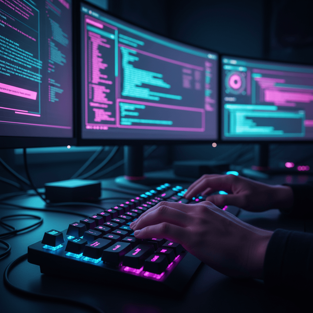 Developer hands typing on a mechanical keyboard with code on screen